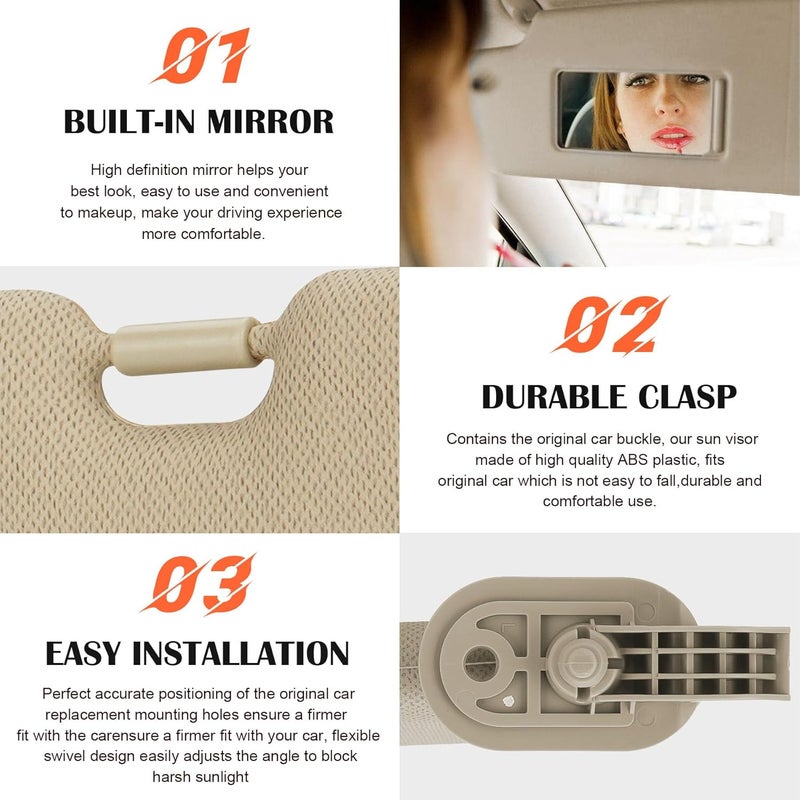 ILONPA Beige Driver Left + Passenger Right Side Sun Visor Replacement Compatible with Hyundai Elantra 2011 2012 2013 2014 2015 Replace 852103X000TX 852203X000TX - Image 4